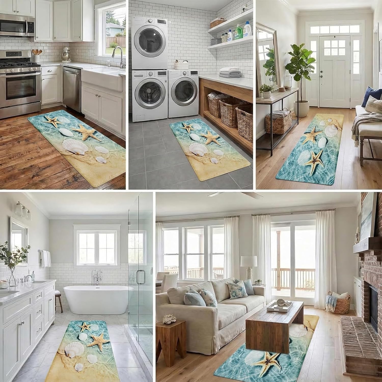 Bathroom Runner Rug 2x6, Thick Anti-Fatigue Non-Slip Memory Foam Kitchen Runner Mat, Ocean Starfish & Sea Shells Printed, Absorbent Washable Cushioned Carpet for Double Vanity, Shower,Laundry