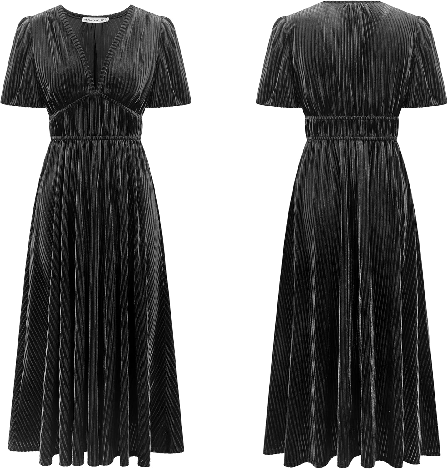 R.Vivimos Women's Fall Winter Velvet Dress Puff Sleeve Sexy Deep V Neck Elastic High Waist A-Line Elegant Casual Midi Dress - Image 6