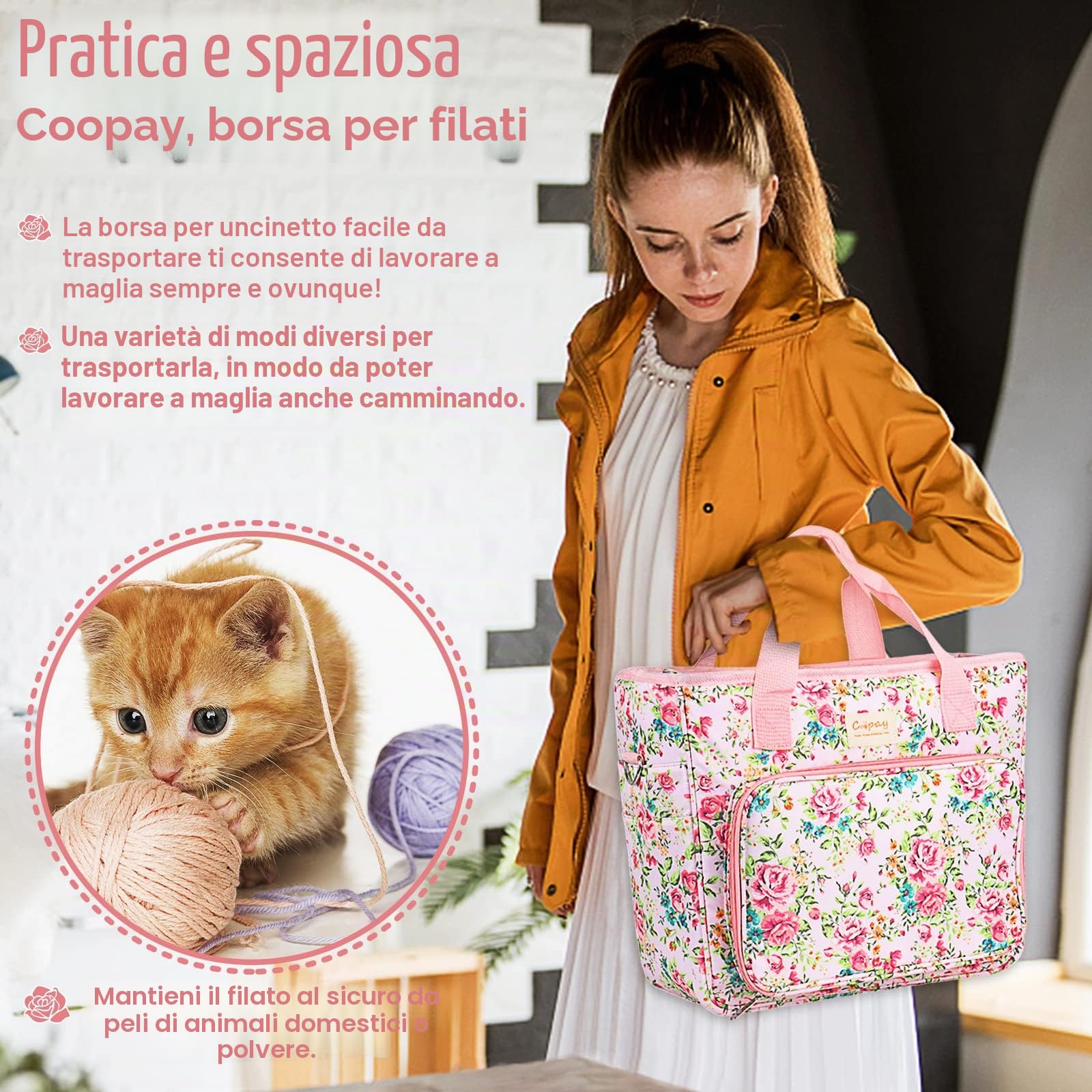 Coopay Borsa per Lavori a Maglia, Borsa per la Conservazione dei Filati in Lana, Custodia per i Filati per Ferri da Maglia e Altri Accessori, Impermeabile con Cerniera, Grandi