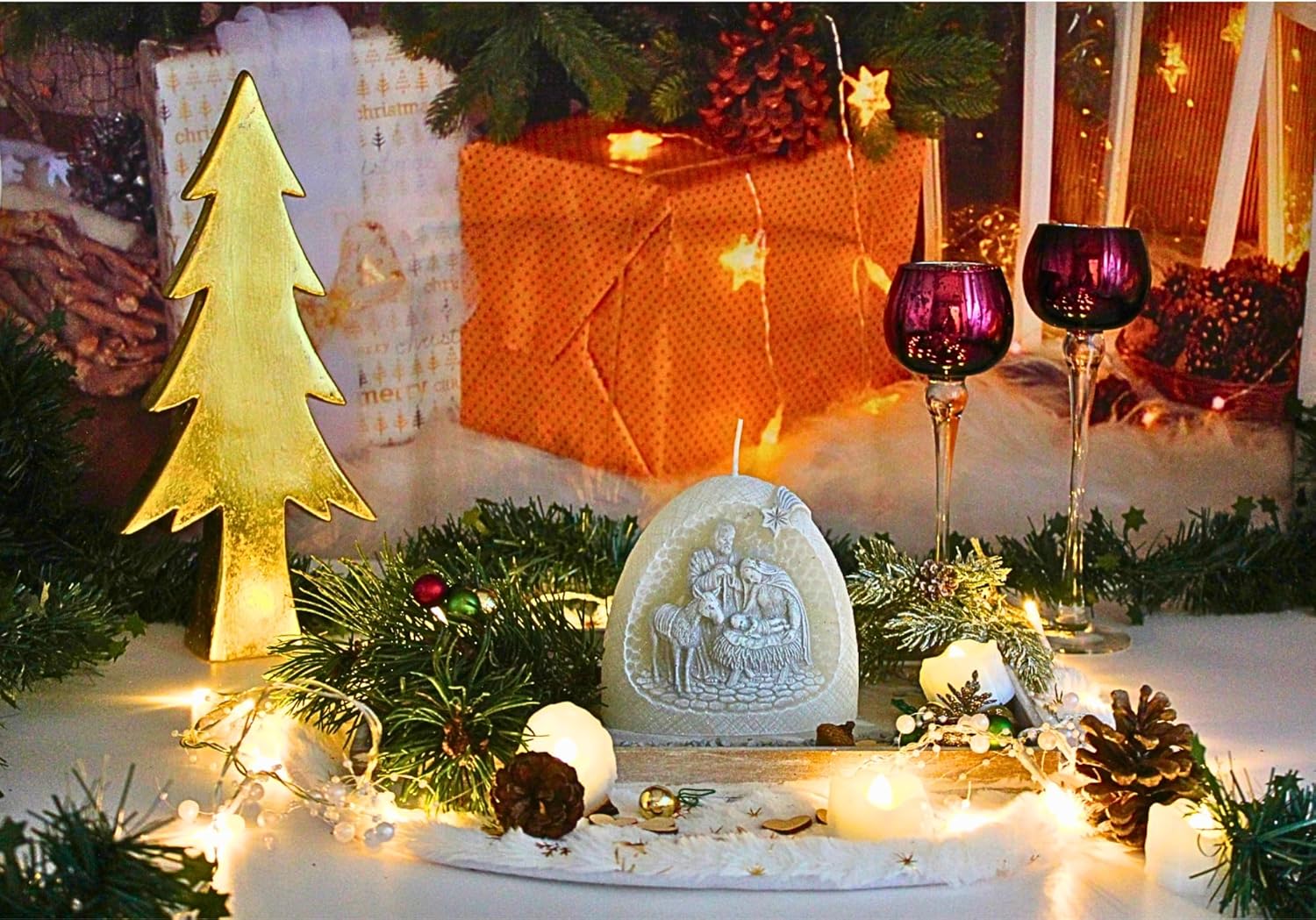 High Quality Nativity Candle with Glitter and Diode, Colour Changing Candle, Catholic Candle with LED in White, Size L x W x H: Approx. 11 x 5 x 11 cm