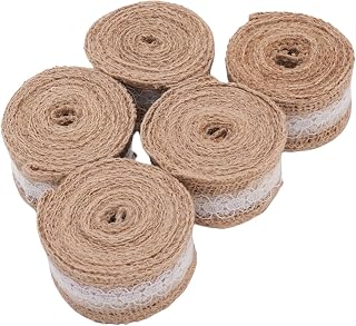 Säckvävsband med Vit Spetskant, Handgjord 6,6 Fot | Rivsäker Rustik Säckväv, 1,18 Tum Bred, 5 Rullar per Set, Lätt Att Klippa för Presentförpackning, Flaskdekoration och