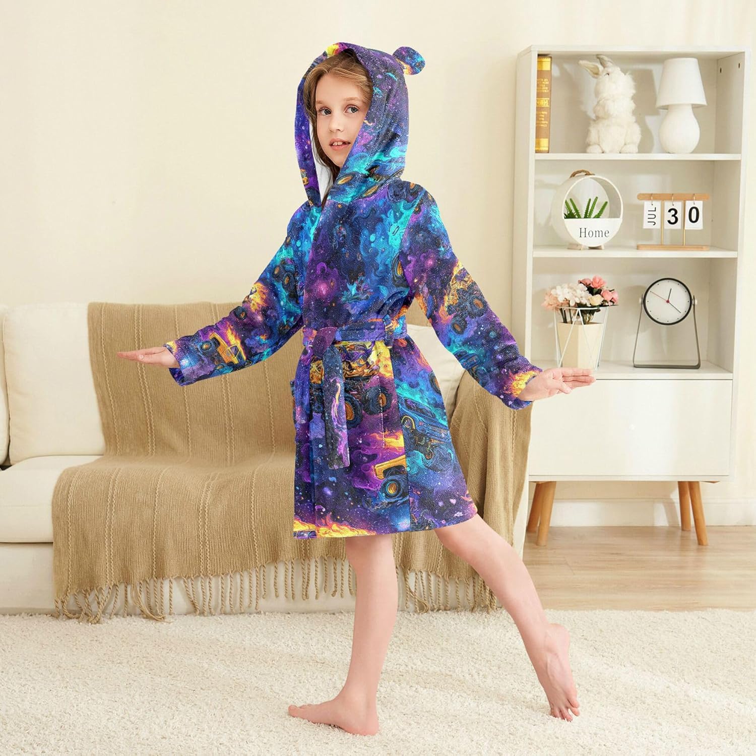 Monster Truck Cars Galaxy Bathrobe Hooded PJ Robe Soft Fleece Robe Pajama Sleepwears 2-12 Years