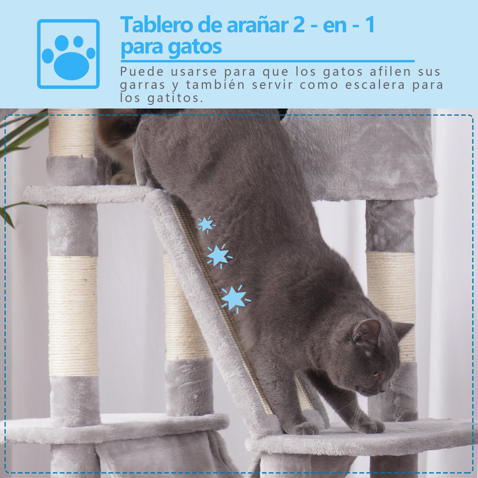 Hey-brother Albero per gatti, 154 cm, torre per gatti da interno, con piattaforma imbottita, palline giocattolo, grande condominio accogliente, amache e tiragraffi in sisal, grigio chiaro EMPJ019W