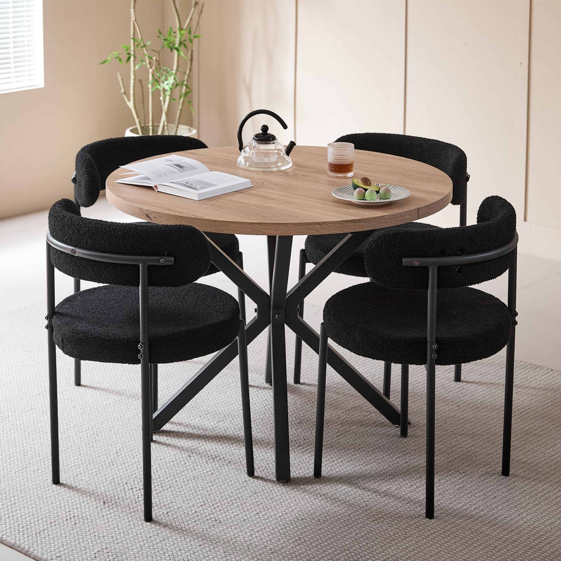 Essgruppe Set Tisch und Stühle, 100cm Runder Esstisch mit 4 Esszimmerstühlen, Tisch und 4 Stühle für Küche, Wohnzimmer, Balkon, Restaurant, Büro (Helle Holzfarbe+Schwarz)