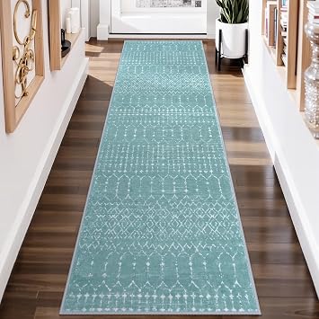 Lahome Moroccan Washable Runner Rug 2x8 Green Non-Slip Rug Runner for Hallway Stain Resisitant Kitchen Carpet, Geometric Print Distressed Soft Untra-Thin Floor Carpet for Kitchen Bedroom Entryway Hana