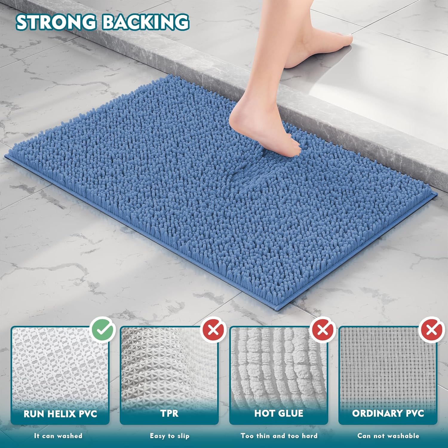 Bathroom Rug Mat Set 3 Piece, Chenille Bath Mat Set, Non-Slip Ultra Soft Carpet Mats, Absorbent with U-Shaped Toilet for Bathroom, Tub, Shower, Calm Blue