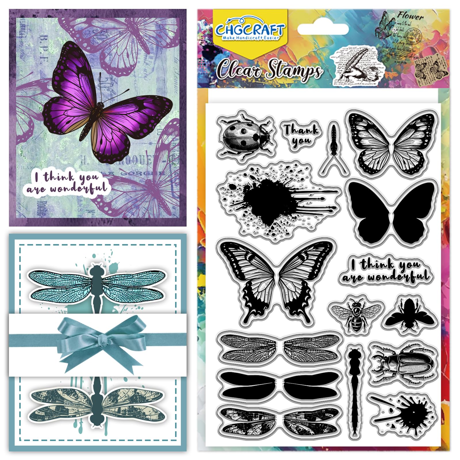 CHGCRAFT Superimpose Insects Clear Stamps Dragonflies, Butterfly and Beetles Silicone Stamp Seal for DIY Scrapbooking and Card Making Paper Craft Decor 6.3 × 4.3 Inch