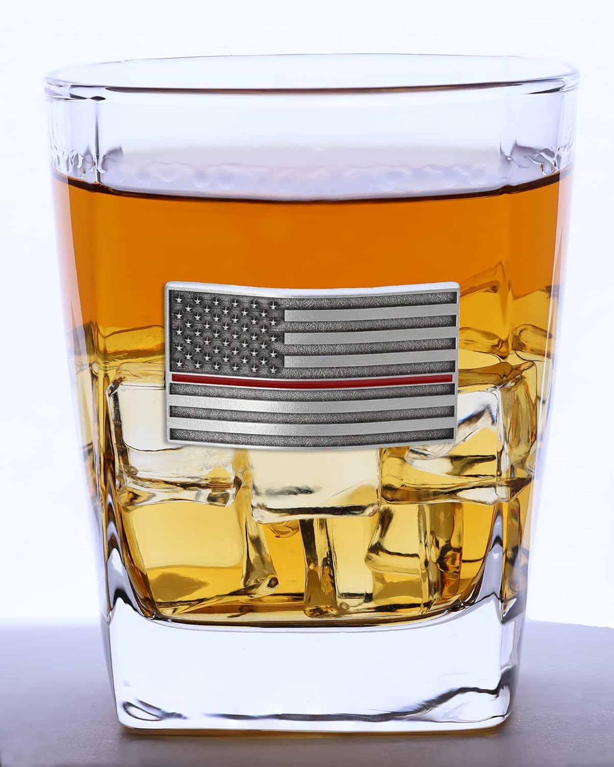 Indiana Metal Craft 13 Oz Double Old Fashion Glass with Thin Red Line American Flag Pewter Emblem