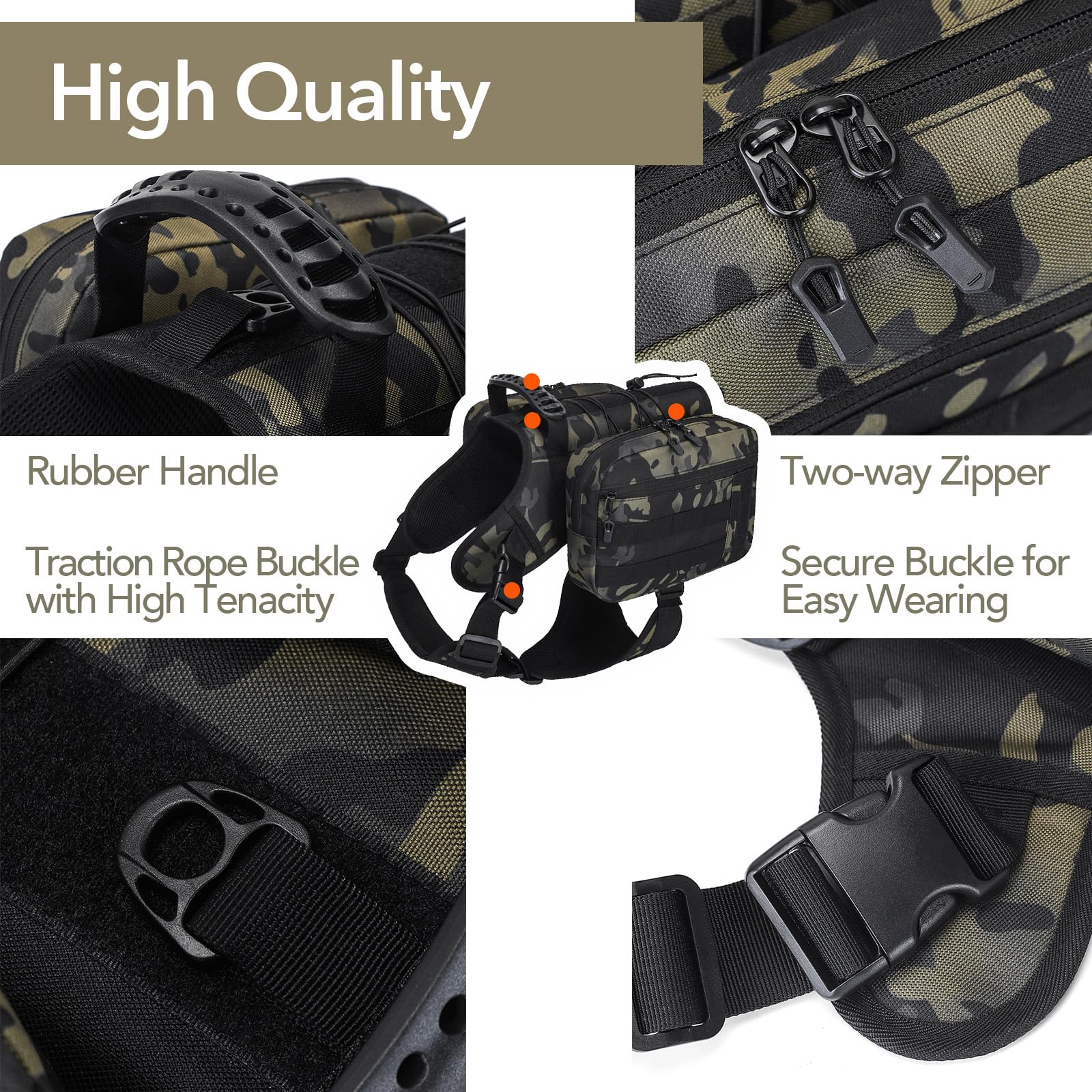 Mochila de senderismo para perros, ajuste perfecto para perros grandes de 65 a 110 libras, 5 hebillas ajustables, Negro -, L, Moderno, minimalista