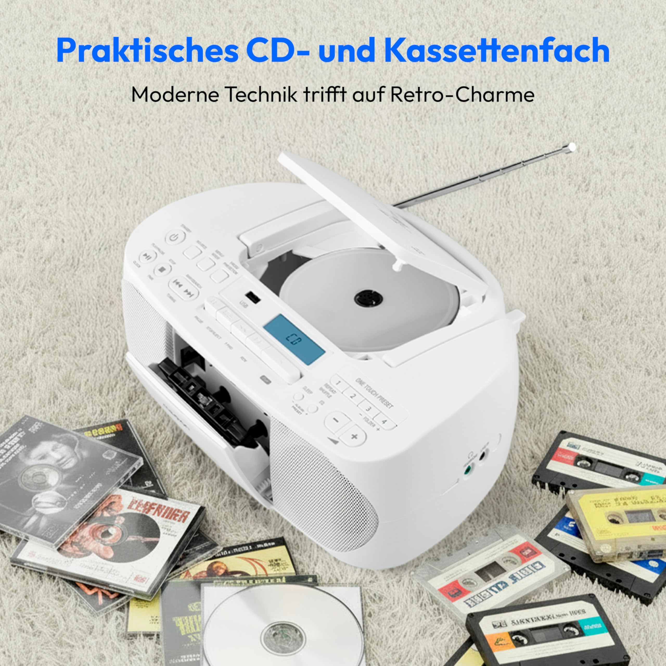 MEDION DRX-1 Plus Boombox (tragbares DAB+ UKW Radio, Bluetooth, CD-Player, MP3, Kassette, Kopfhöreranschluss, Stereo Sound System, AUX, Netz & Batterie) weiß