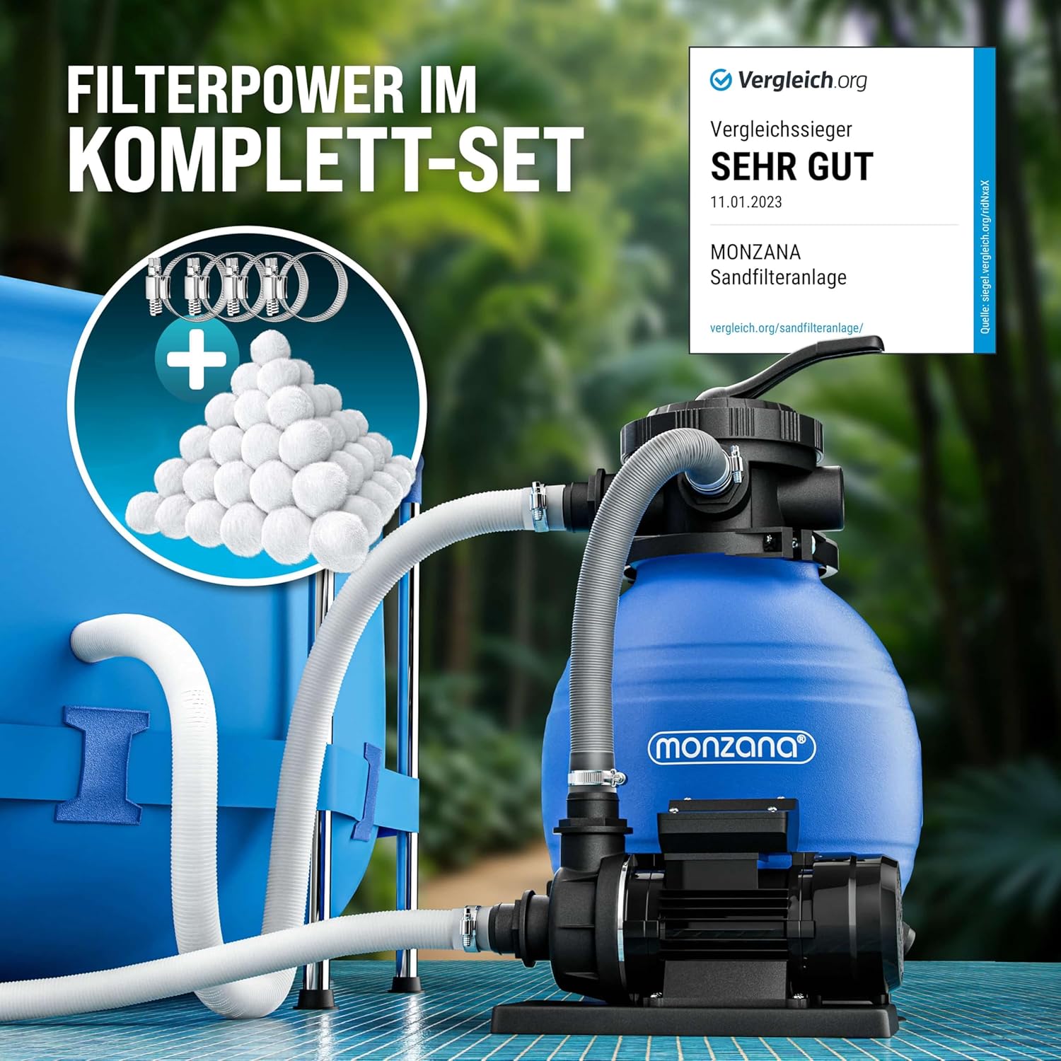 MONZANA® SF102K Sand Filter System 9,960L/h up to 30,000L Pool with Filter Balls, 7-Way Valve, 2-in-1 Adapter, Diameter 32-38 mm, 400 W Filter System, Pump Filter Boiler - Image 3