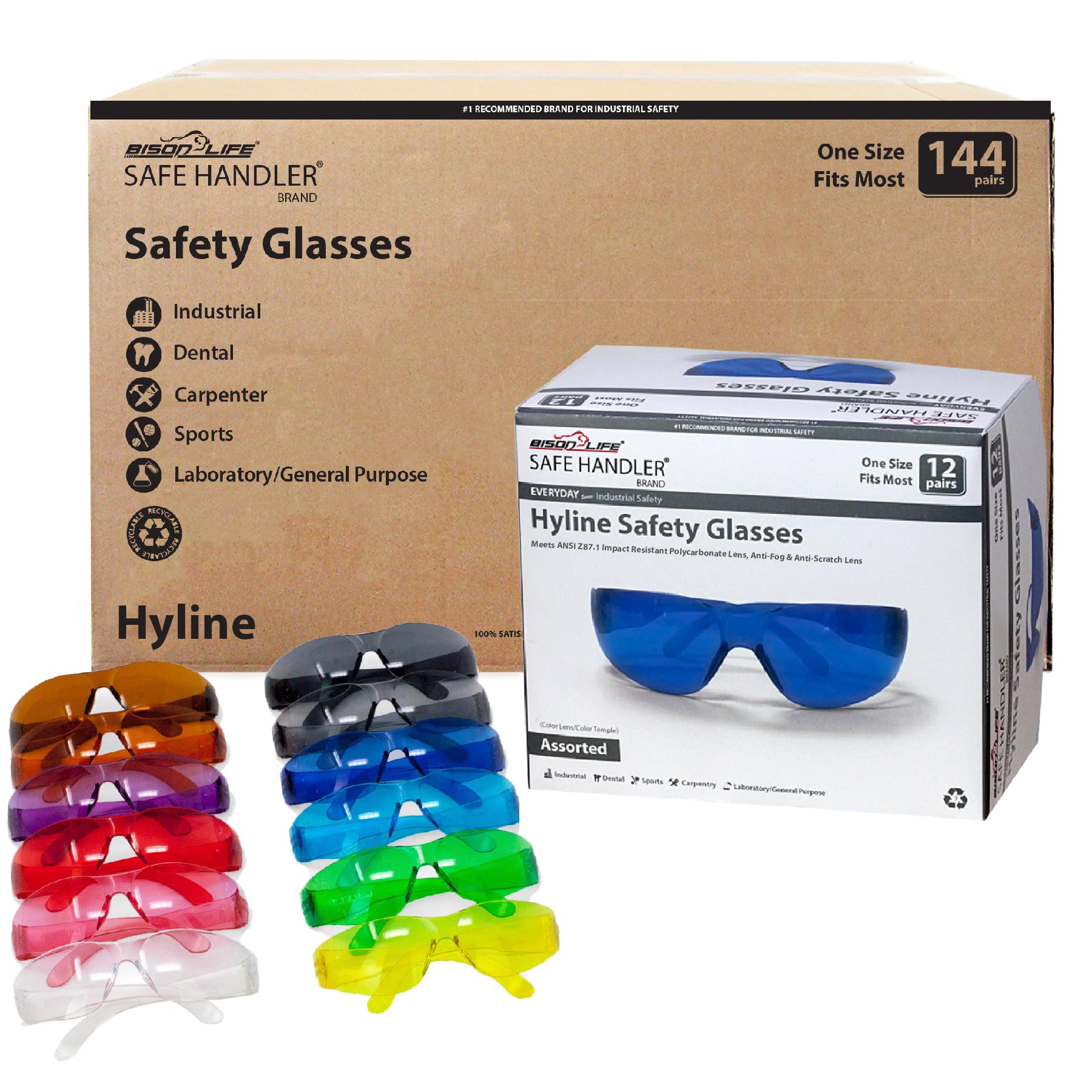 SAFE HANDLER Hyline Anti-Fog Color Safety Glasses Variety Pack, Impact Resistant, Polycarbonate, Anti-Scratch, ANSI Z87.1