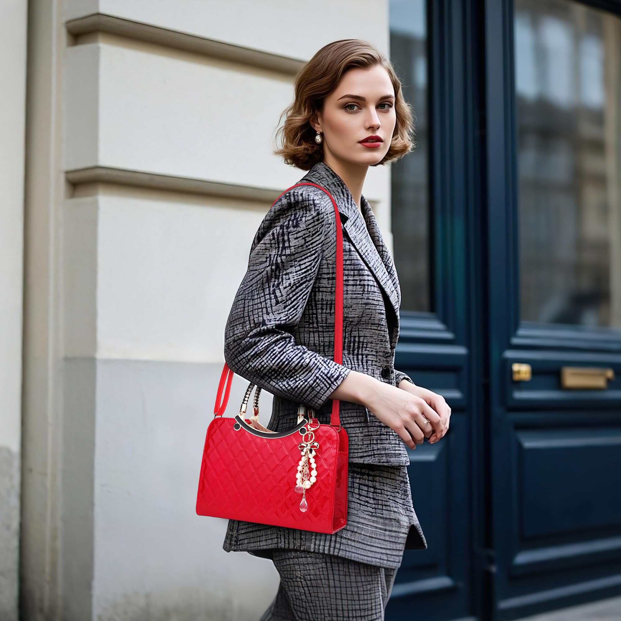 DIRRONA Borsa a Mano Donna in Pelle PU Lucida Trapuntata Elegante con Decorazione Fiocco e Perle – Borsa Donna per Matrimonio, Eventi Formali, Ufficio e Uso Giornaliero Rosso Vivace