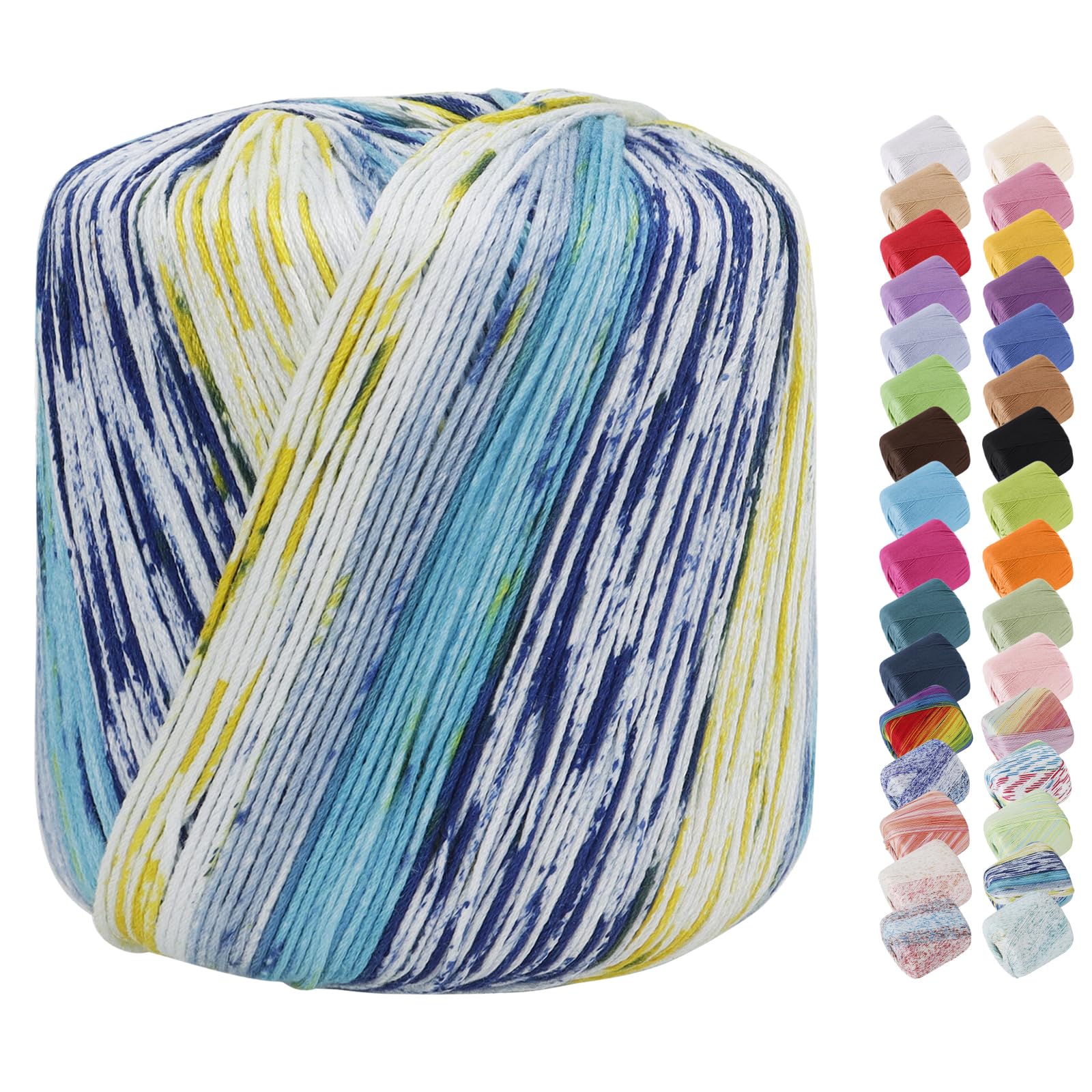 Uiopa Variegated Cotton Crochet Yarn 1mm x 125m, 8-Ply Multicoloured Cotton Yarn for Crochet, Hand Knitting Yarn Crochet Thread for Shawls, Hats, Doilies, Decoration, DIY Crafts