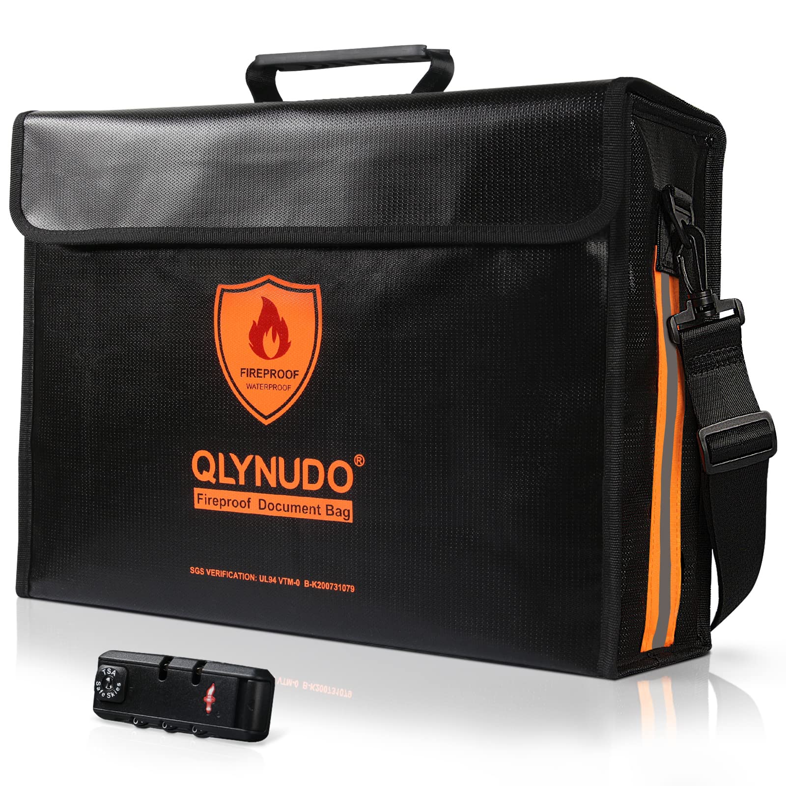 Waterproof Fireproof Document Bag with Lock - Important Document Holder 17x12x5.5”, Large Fire Box with Handle & Shoulder Strap, Heat Insulated Fire Safe Bag with Reflective Strips