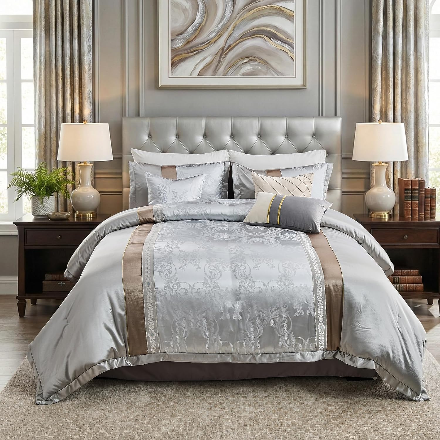 CozyDH Silver Grey Queen Comforter Set - Luxury 7 Piece Light Gray Jacquard Damask Silky Bed in a Bag, Modern All Season Down Alternative Bedding with Bed Skirt, Shams, Decorative Pillows