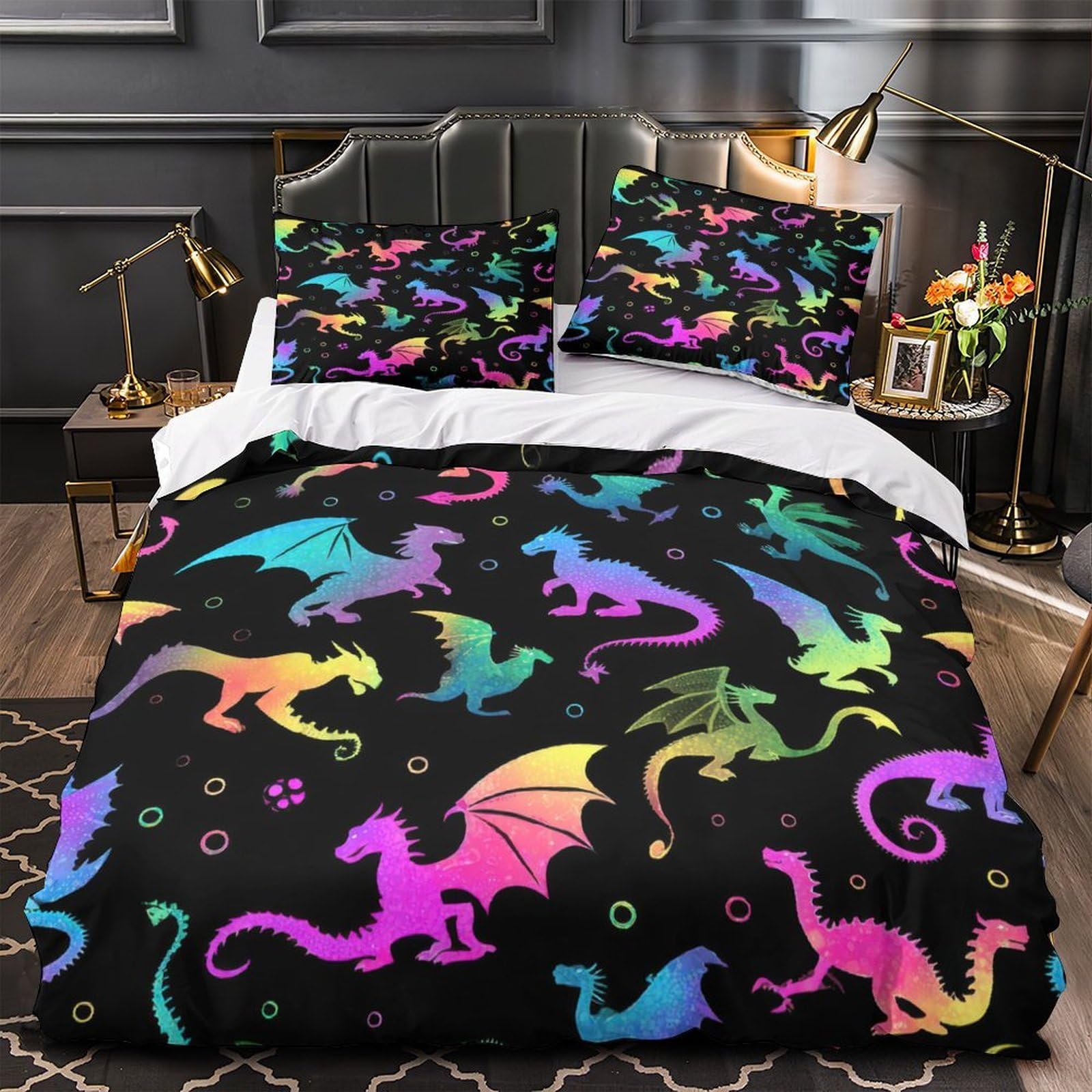 MMDASBVPE Rainbow Dragons Duvet Cover 3D Design Printed Machine Washable 3 Pieces Bedding Set Zipper Comforter Cover Hotel Quality Breathable for Adults Kids Women Teens Youth Double（200x200cm）