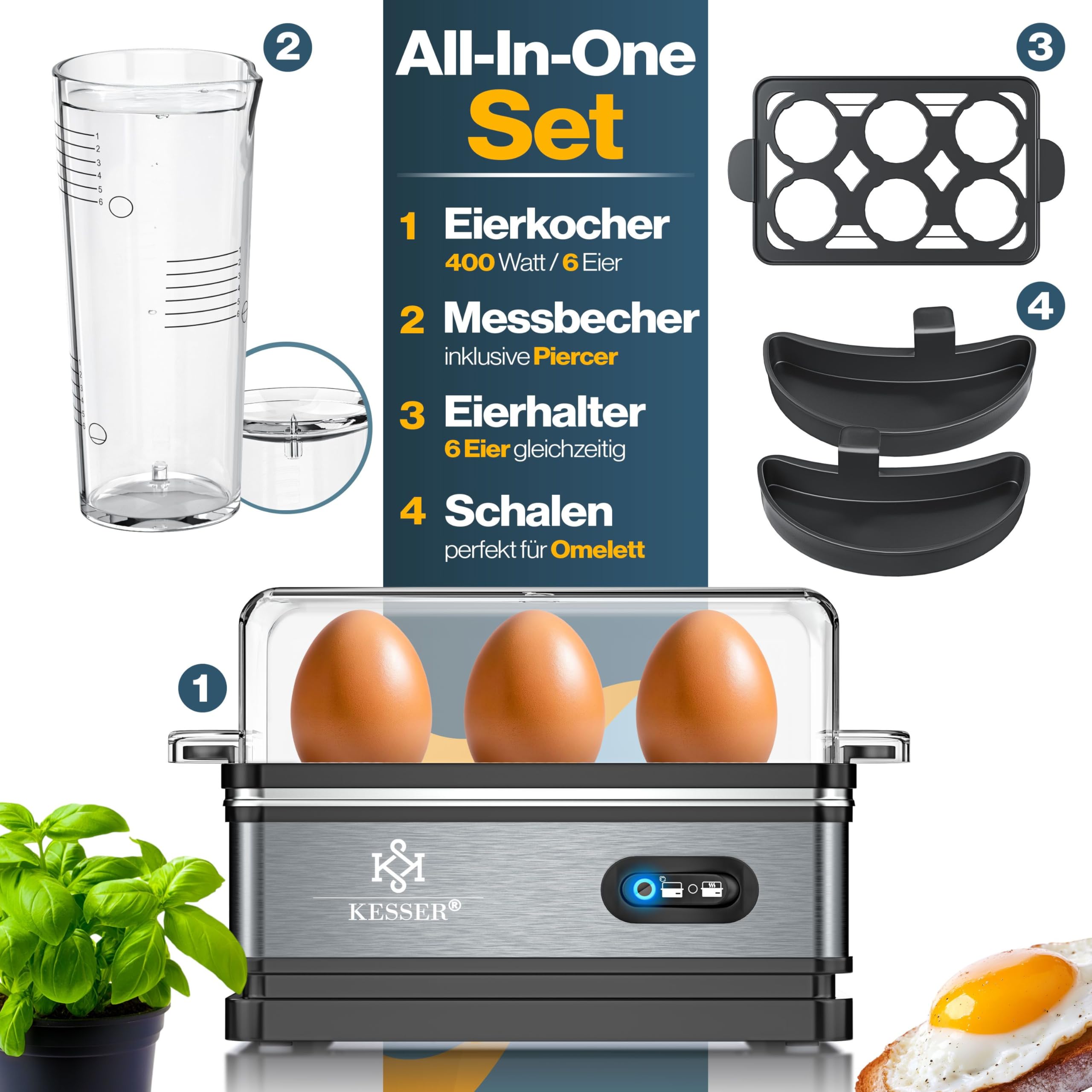KESSER® Eierkocher für 1 bis 6 Eier elektrisch aus Edelstahl 400W & Warmhaltefunktion | Kipp-Funktionsschalter drei Härtegrade | BPA-Frei & Spülmaschinenfest | Messbecher & 2x Omlettschalen, Anthrazit