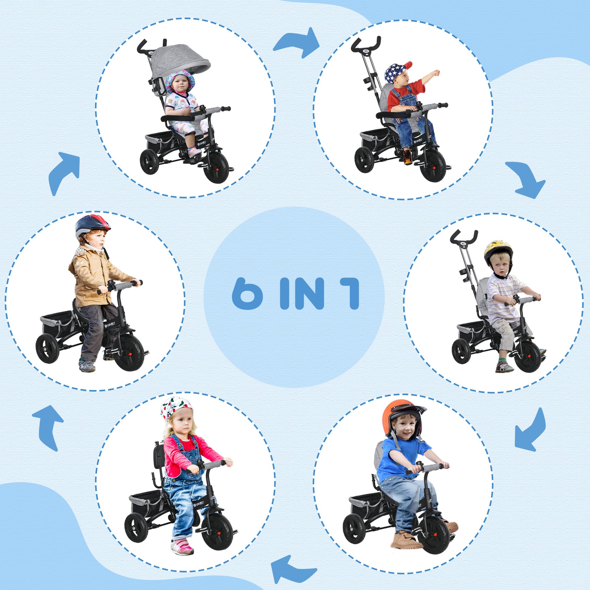 HOMCOM Tricycle bébé évolutif 6 en 1 vélo Poussette avec poignée de poussée, auvent Amovible, Ceinture de sécurité à 5 Points, Rangement, Repose-Pieds, Frein, pour Enfants de 1 à 5 Ans, Gris
