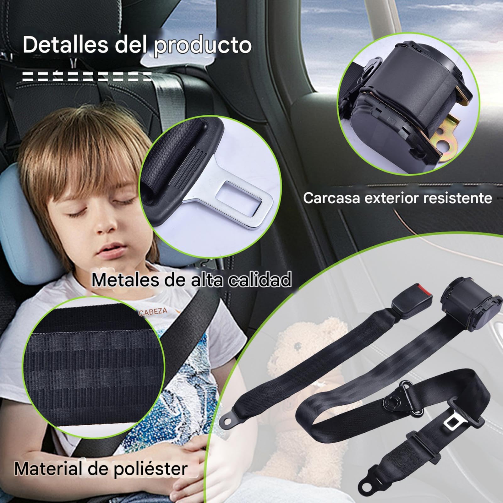 Cinturón seguridad automóvil 2 toneladas 3 puntos retráctil 300 cm certificado 3 C instalación sin herramientas, para asientos delanteros traseros – 2 piezas