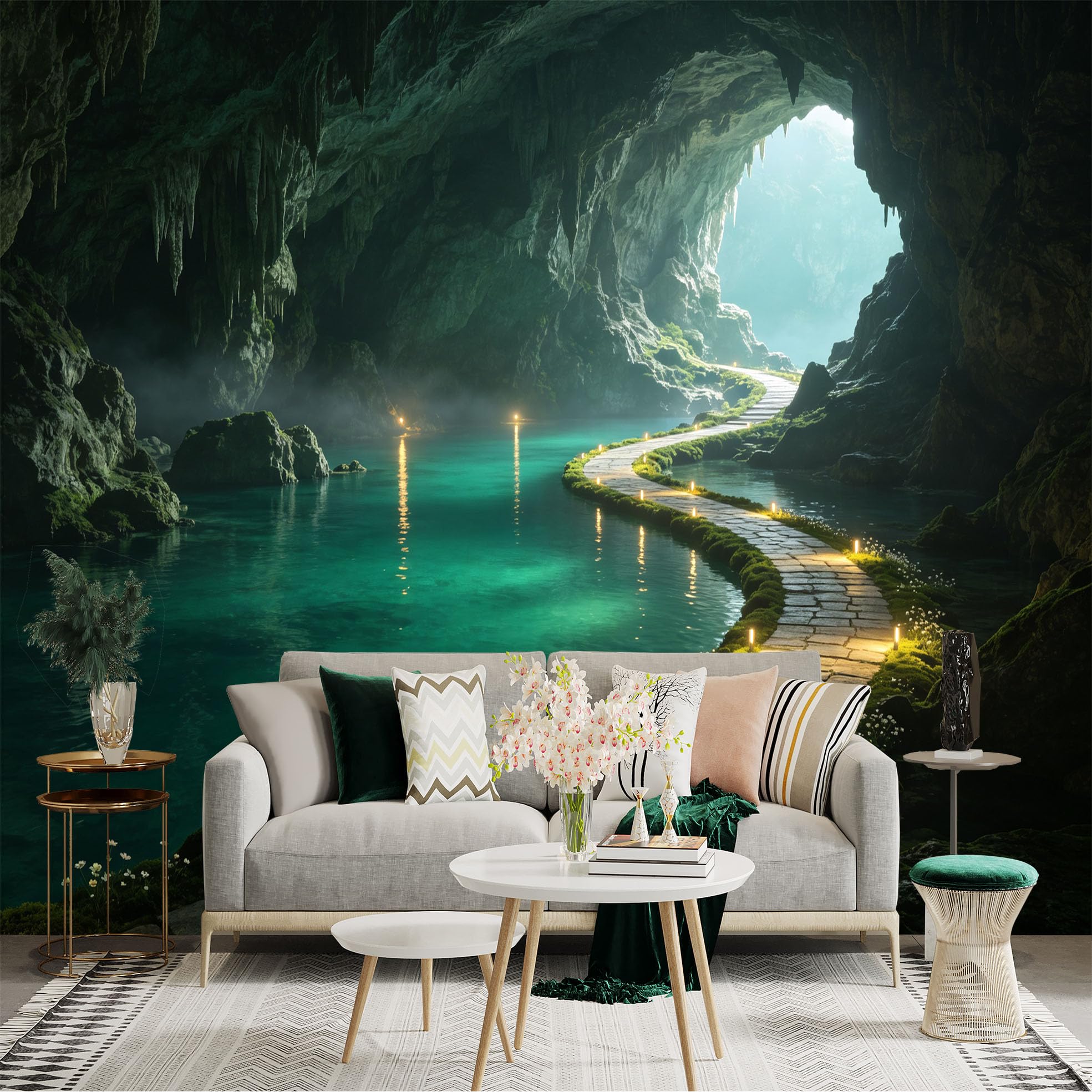 Custom Size Wall Sticker Mural， Mysterious Limestone Cave with Underground River， Stone Pathway and Glowing Lanterns， for wall Decoration， peelandstick wall Decals.