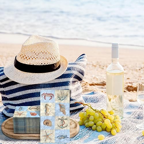 Miniatura 6 de Seajan 200 servilletas de verano con conchas marinas y océanos, desechables, de papel, playa, cena, servilletas de mano, servilletas náuticas