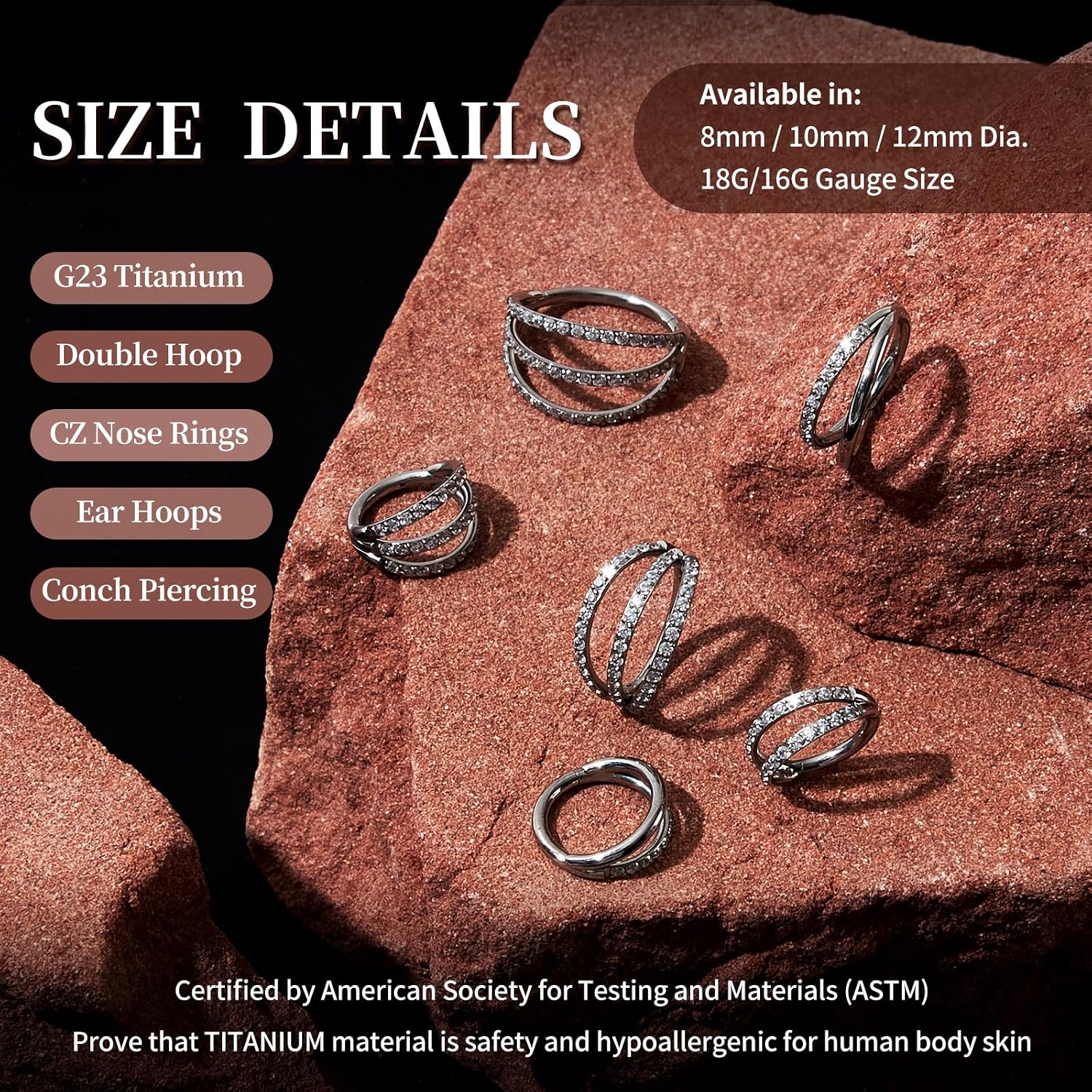 1PC Nose Ring Hoop G23 Titanium CZ Helix Rook Conch Cartilage Daith Tragus Earrings Hinged Segment Nostril Piercing Septum Clicker 18G 16G Silver Gold Lip Ring 8mm 10mm 12mm