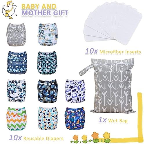 Miniatura 5 de Pañales de tela lavables reutilizables talla única ajustable para bebé, paquete de 6 con 10 inserciones, 1 bolsa húmeda