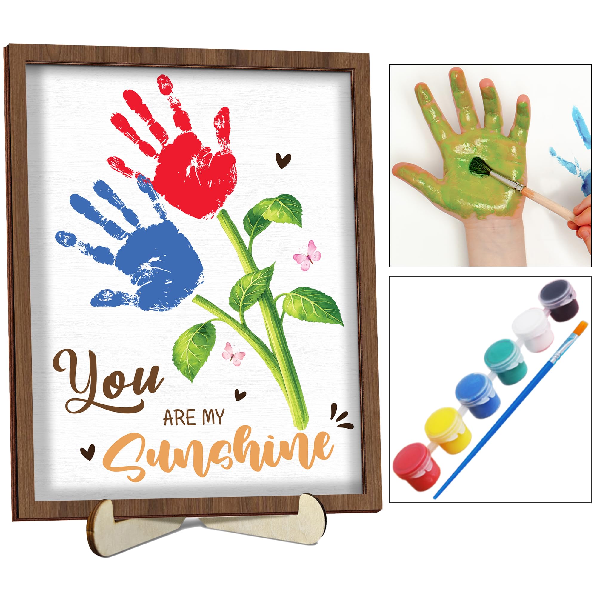 Personalized Handprint Wooden Sign You Are My Sunshine Frame with Paint, Handprint Kit, Custom Art Craft Family Keepsake, Mothers Day, Gifts for Baby Shower, New Parents, Grandparents, Nursery Decor