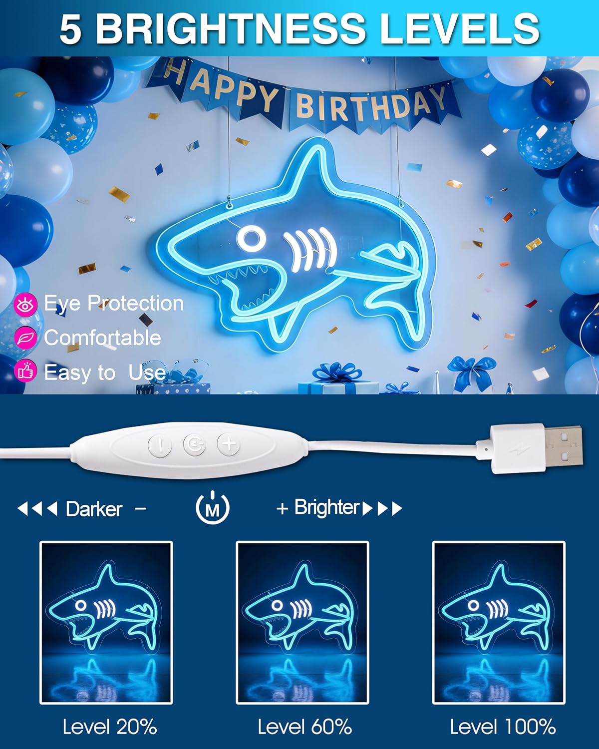 Shark Neon Sign for Wall Decor, Dimmable LED Shark Light Animal Wall Decor for Boys Gifts Living Game Room Shop Hotel Bar Birthday Party Decor Shark Night Light with USB Powered