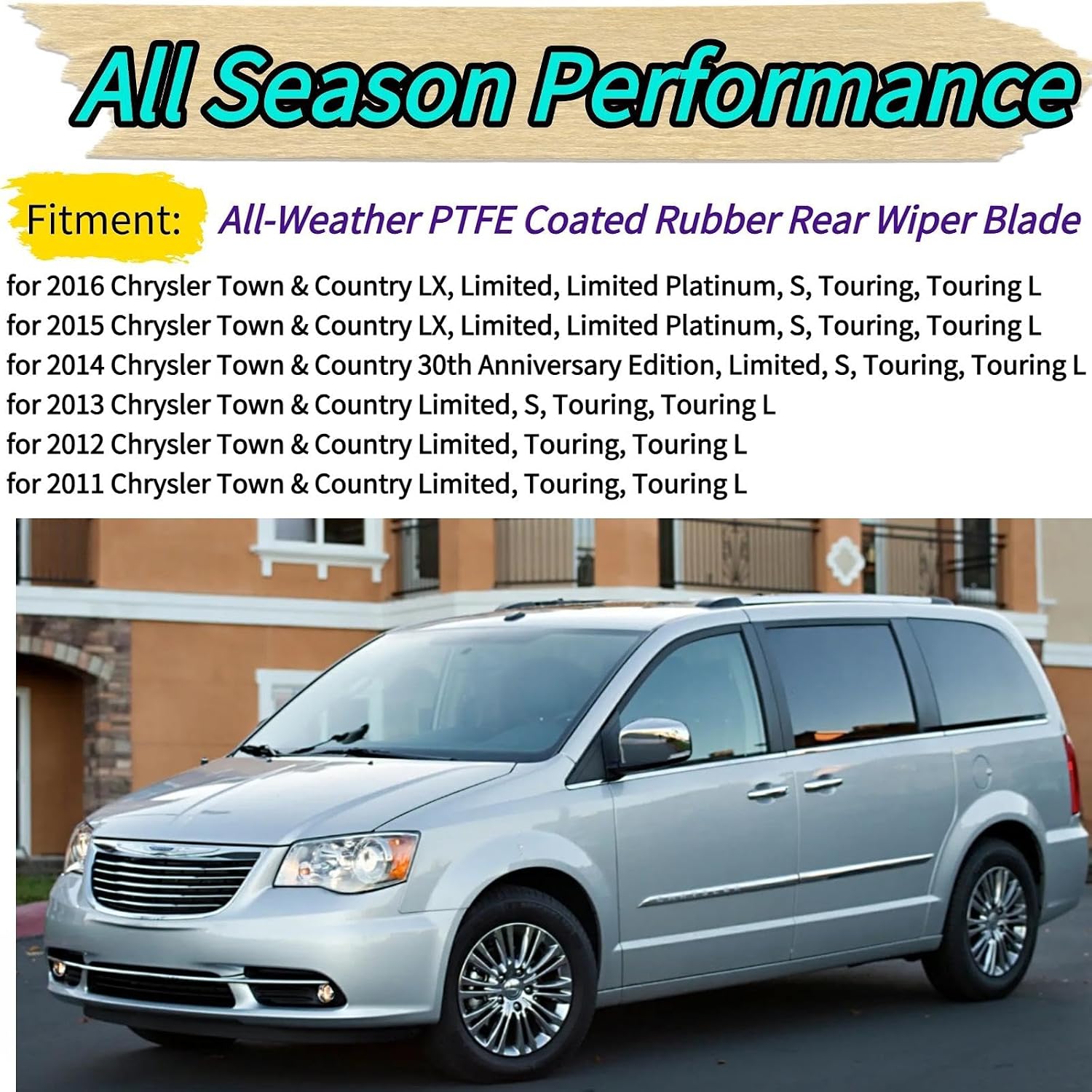 Rear Wiper Blade Arm Replacement for Chrysler Town Country 2011-2016 2015 2014 2013 2012 Fit for LX Limited Platinum S Touring L Models - All-Season Rear Back Windshield Wiper Blade Set