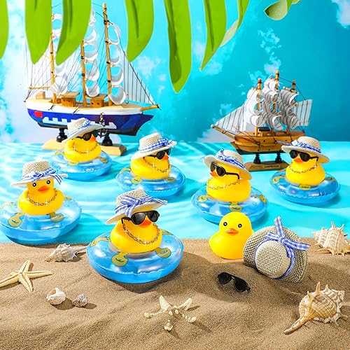 Miniatura 4 de Pato de goma de verano mini pato amarillo juguetes de baño patitos decoración de tablero con mini sombrero de sol, anillo de natación collar y gafas
