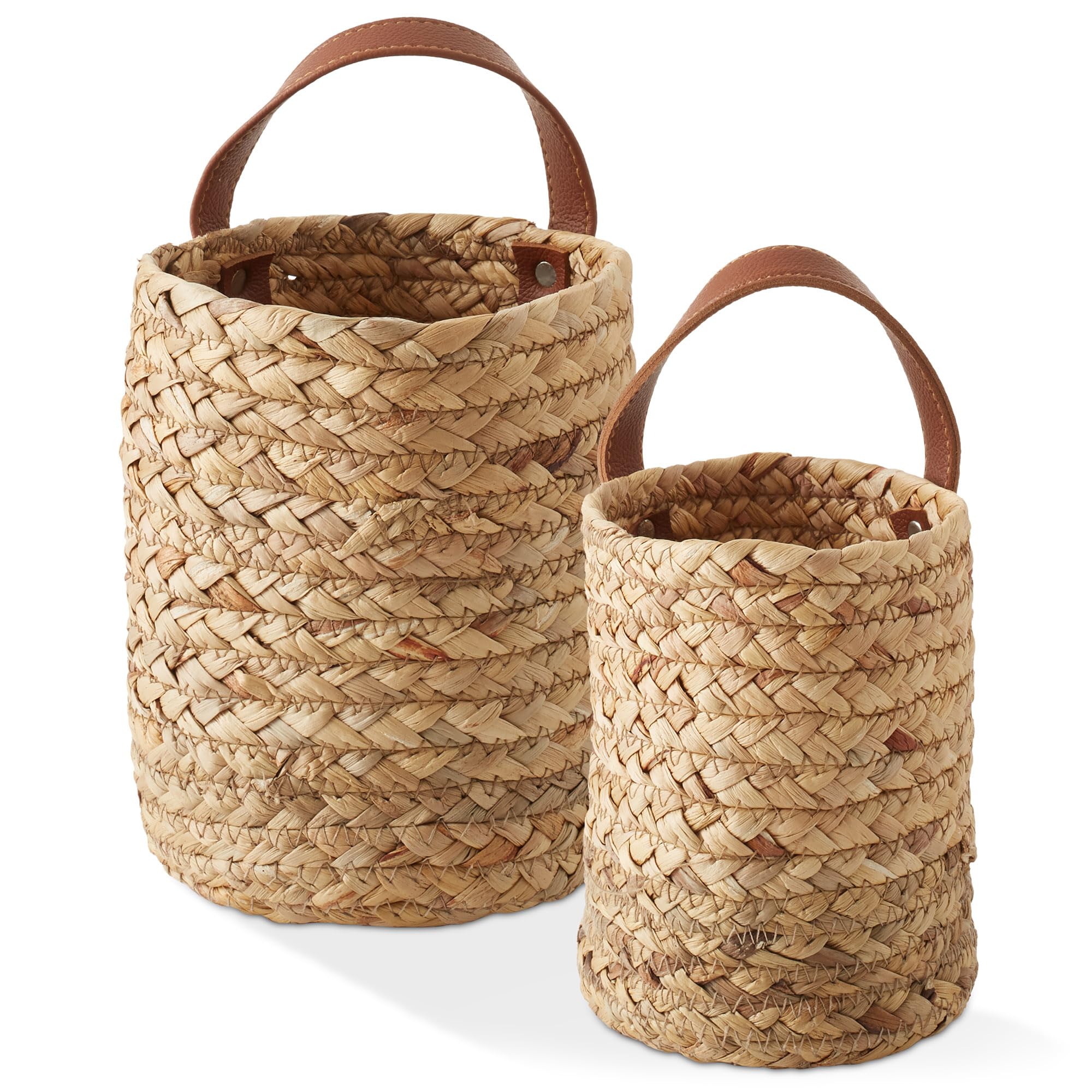 Casafield Set of 2 Water Hyacinth Wall Hanging Baskets with Handles (Small and Large) - Natural, Woven Boho Plant and Flower Storage Pots