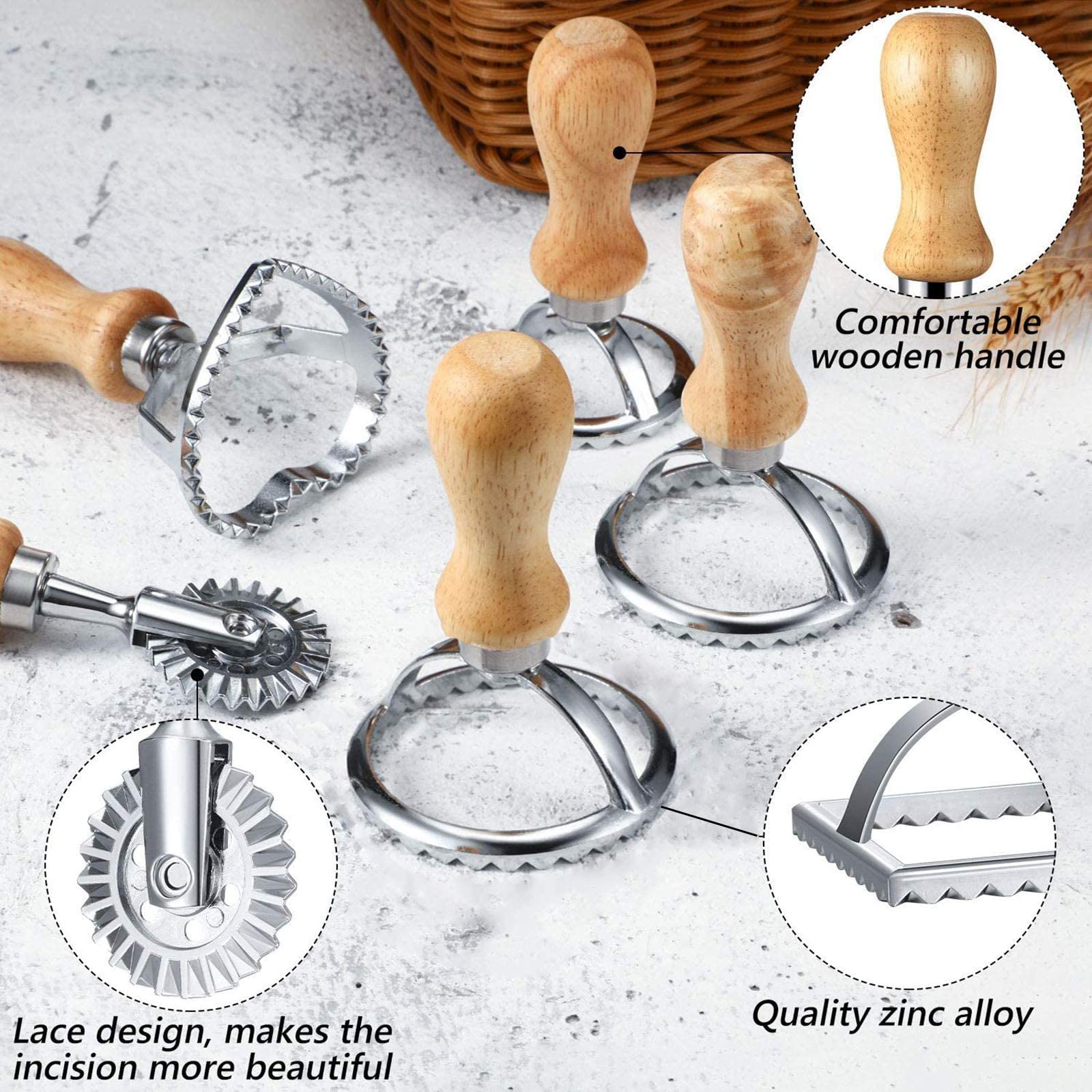Lot De 4 Moulins à Ravioli – Rond, Carré, Cœur + Manche Bois – Moule à Raviolis Et Dumplings Facile