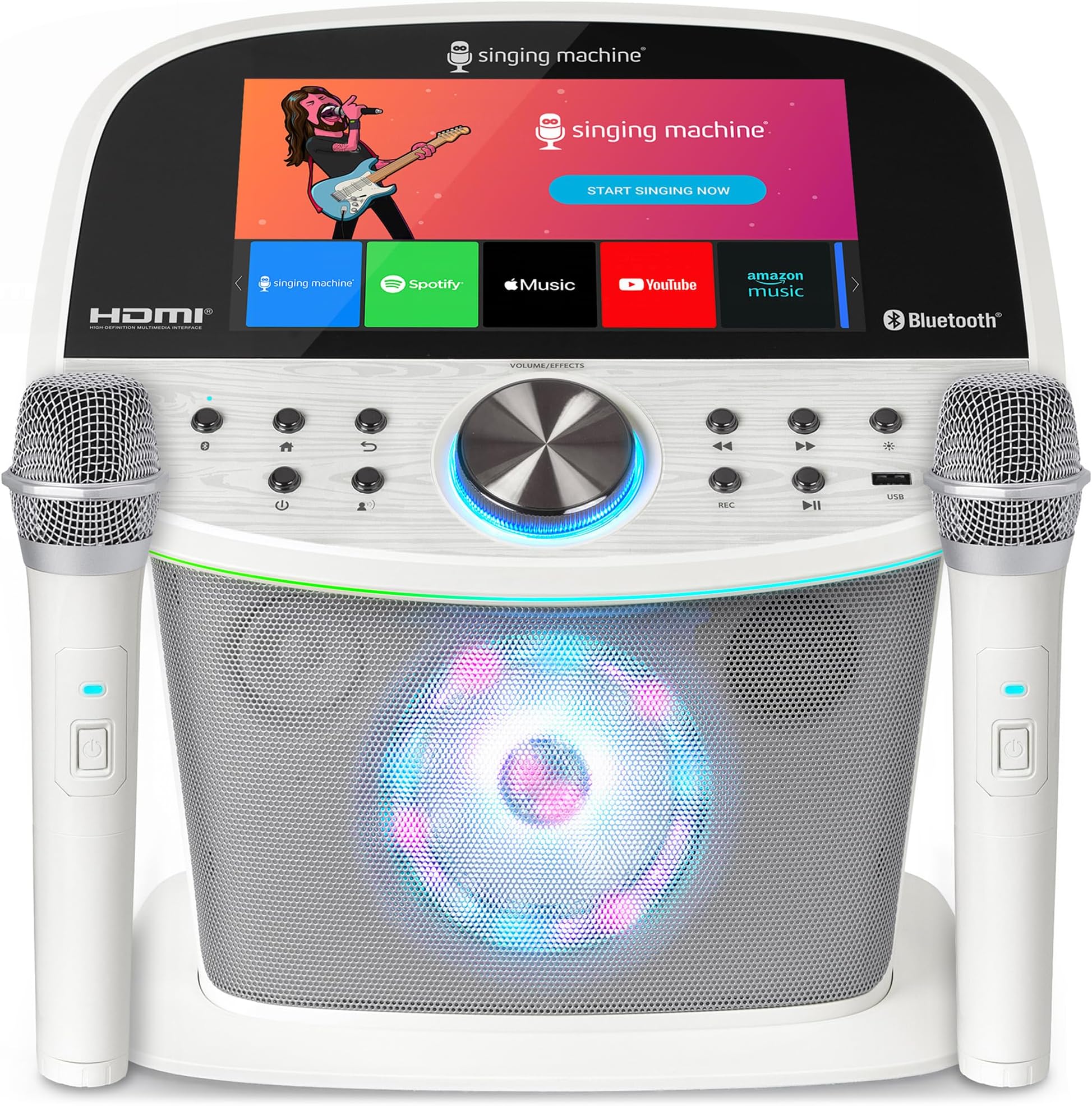 Platinum Plus All-in-One Karaoke System with 2 Wireless Mics, Bluetooth/WiFi, Portable Premium Sound Speaker, App Compatible (YouTube, Spotify) for Home & Parties - White