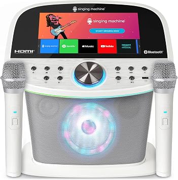 Singing Machine Platinum Plus All-in-One Karaoke System with 2 Wireless Mics, Bluetooth/WiFi, Portable Premium Sound Speaker, App Compatible YouTube, Spotify for Home & Parties - White