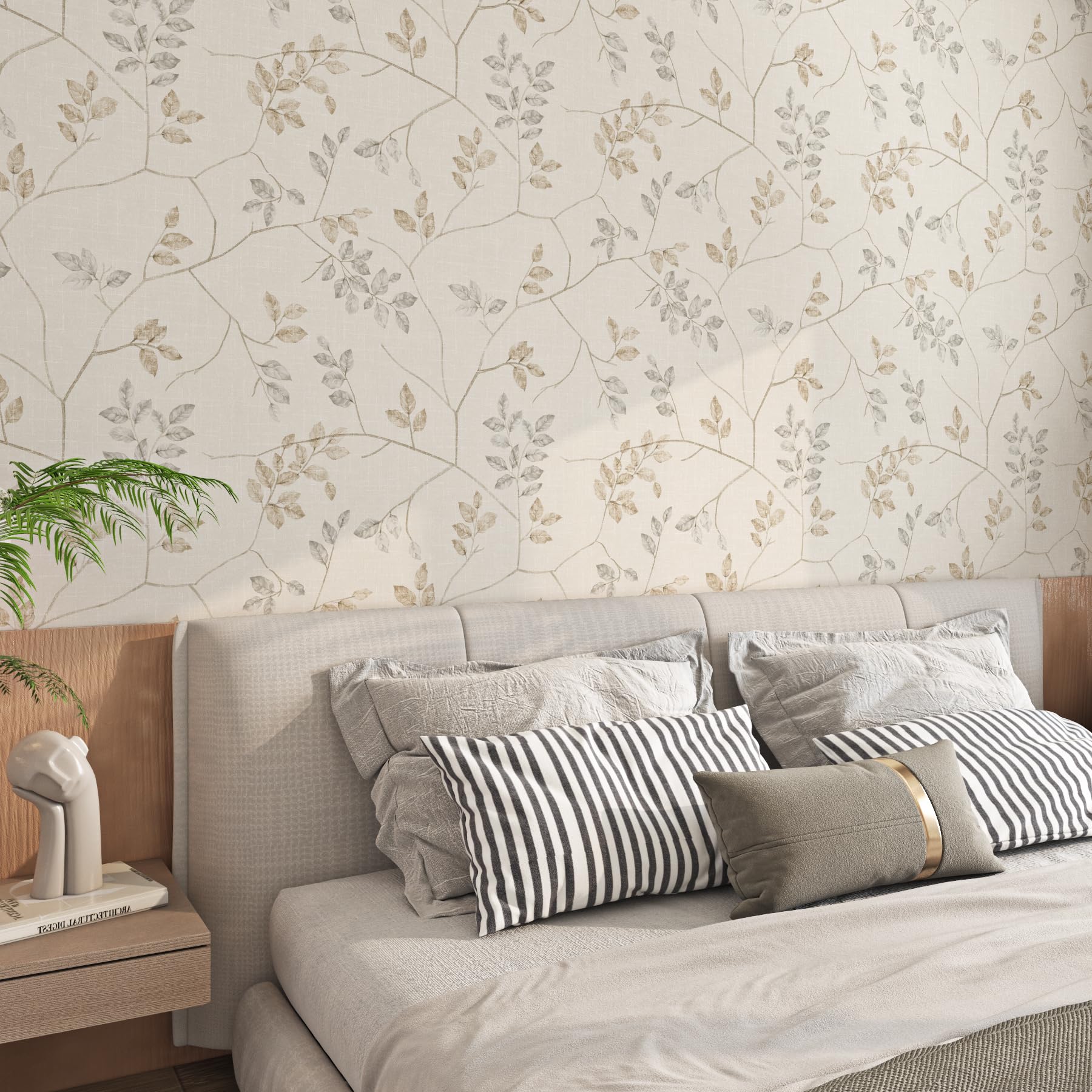 ReWallpaper 44.5CM×7M Papel Pintado Pared Hojas Pequefias Gris Papel de Pared Decorativo para Salon Removible Papel Vinilo Adhesivo Pared Baño Papel Pared Autoadhesivo Hojas Beige PVC