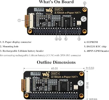 2.13inch E-Paper HAT+ for Raspberry Pi 5 4B 3B+ 3B Zero W Zero 2 W Jetson Nano, E-Ink Display 250x122 SPI Interface HAT+ Standard with Pwnagotchi Tutorial Support Partial Refresh