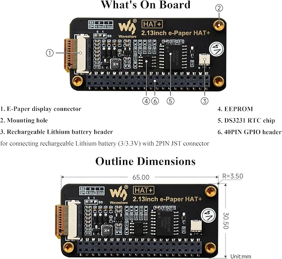2.13inch E-Paper HAT+ for Raspberry Pi 5 4B 3B+ 3B Zero W Zero 2 W Jetson Nano, E-Ink Display 250x122 SPI Interface HAT+ Standard with Pwnagotchi Tutorial Support Partial Refresh