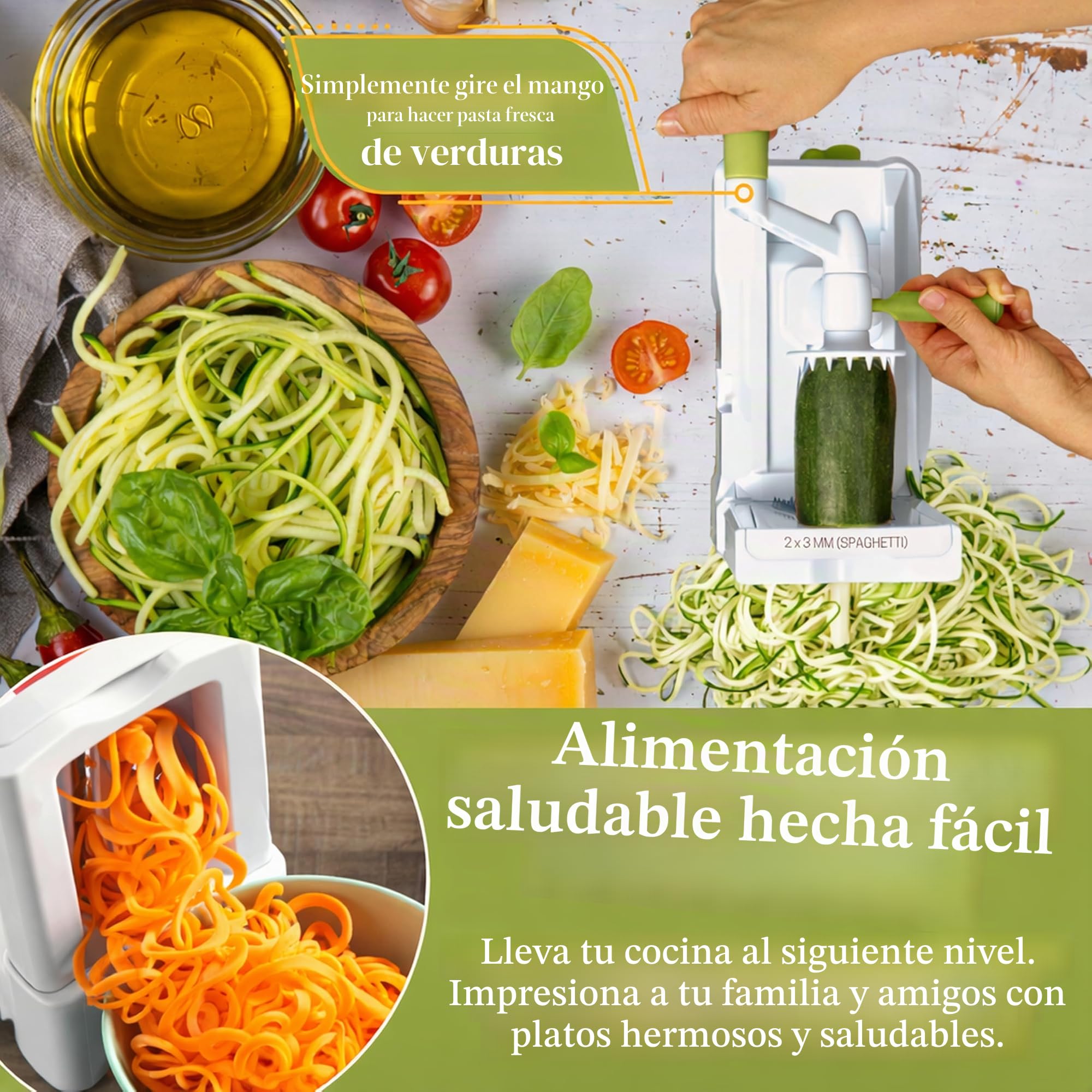 Brieftons - Espiralizador de 10 hojas: más fuerte y más pesado cortador de verduras en espiral, mejor espaguetis de pasta vegetal para baja en carbono, paleo, sin gluten, con bandeja para cuchillas