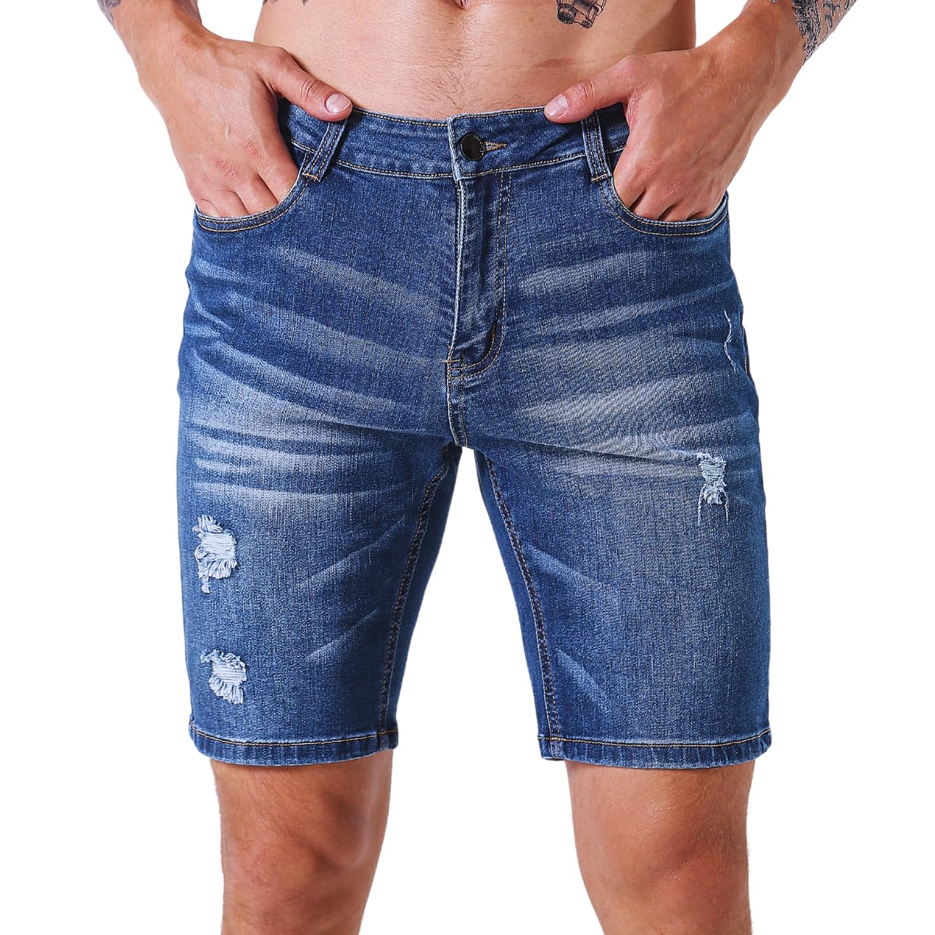 Aodrusa Men's Ripped Denim Shorts - Distressed Mid-Length Jeans Shorts With Pockets