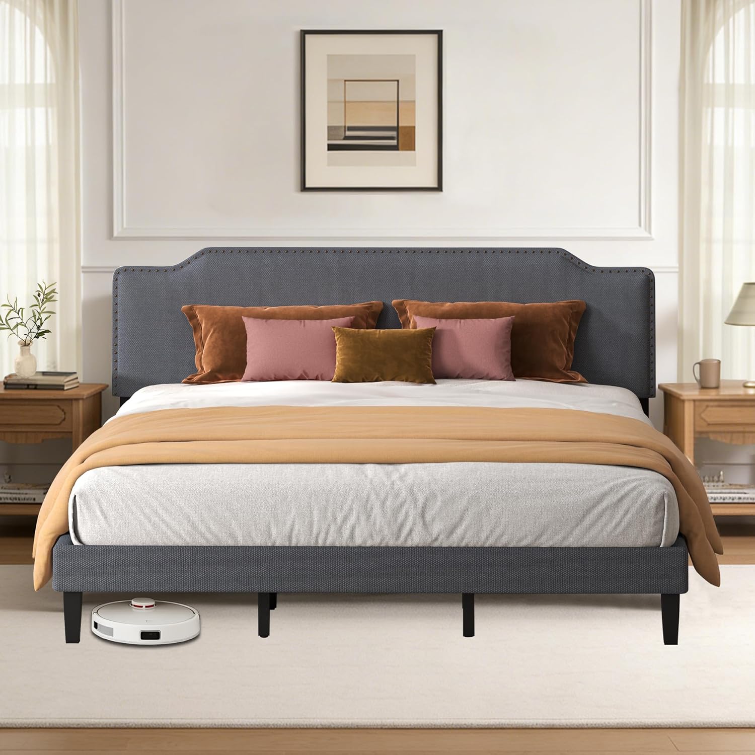 King Bed Frame, Dark Grey, Upholstered Wooden Slat Bed Frame with Headboard, Easy Assembly, Underbed Storage, No Box Spring Needed, 190×208CM