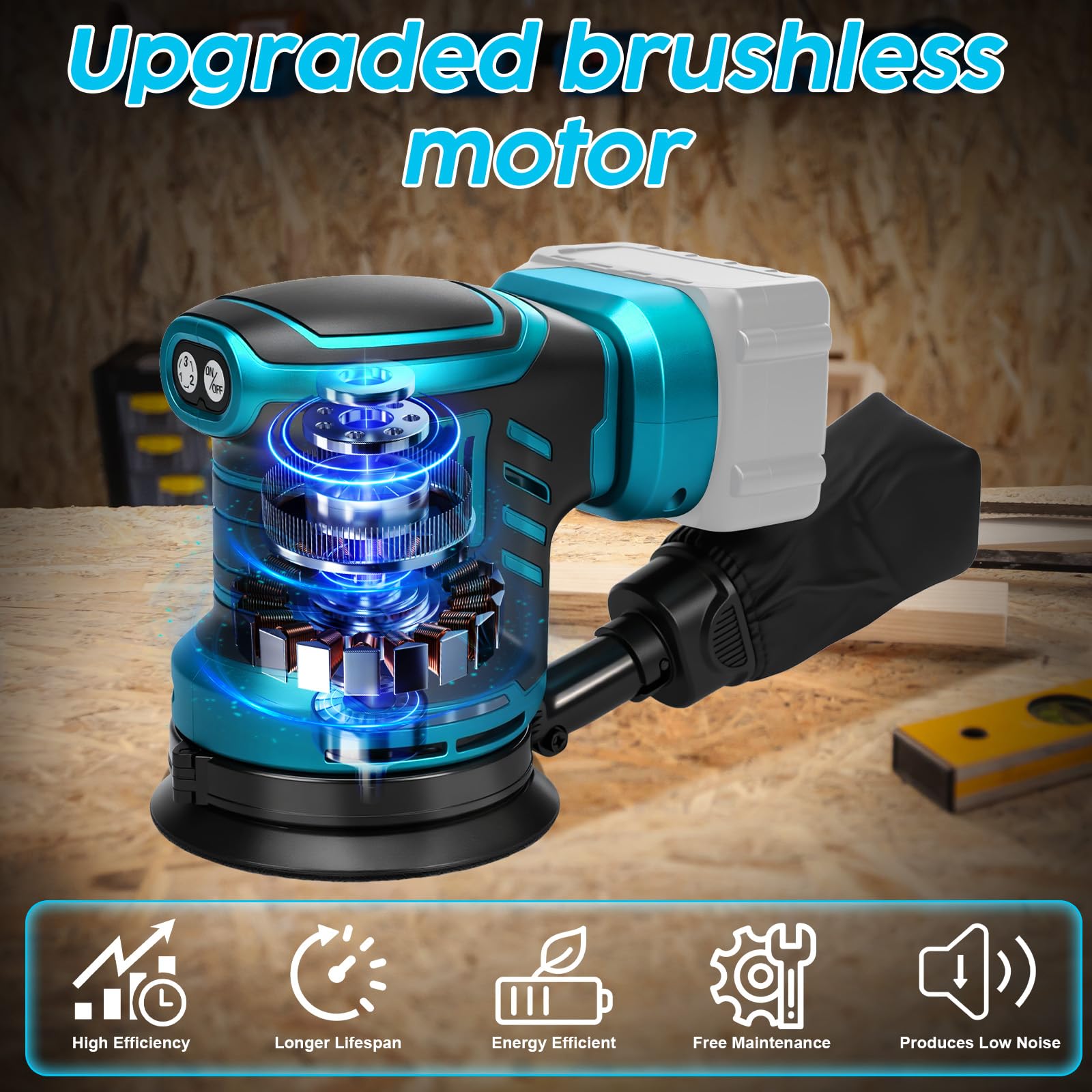 Akku-Exzenterschleifer, 125 mm Professional Exzenterschleifer für Makita 18V Akku, Bürstenloser Motor,19000rpm Akkuschleifer Schleifgerät 6 Leistungsstufe mit 15PCS Schleifpapier(ohne Akku)