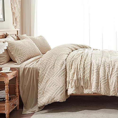 Miniatura 4 de Zzlpp Juego de edredón Twin de 5 piezas, cama con mechones beige en una bolsa con edredón, funda de almohada, funda de almohada, sábana encimera,