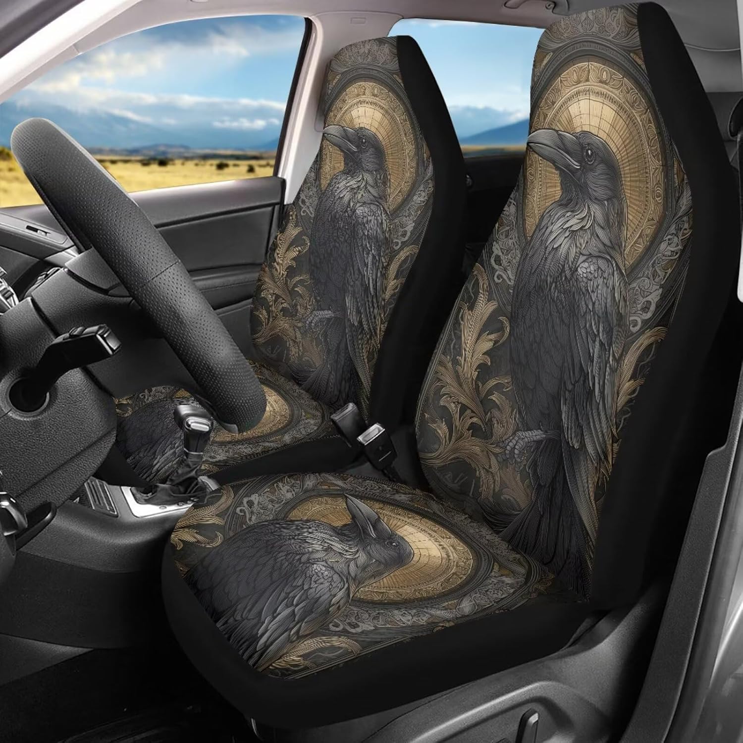 Talayituse Crow Floral Print Car Seat Covers Full Set of 2 Vehicle Protector Front Seats Covers Stretchy Washable Car Accessories Bucket Seat Cover