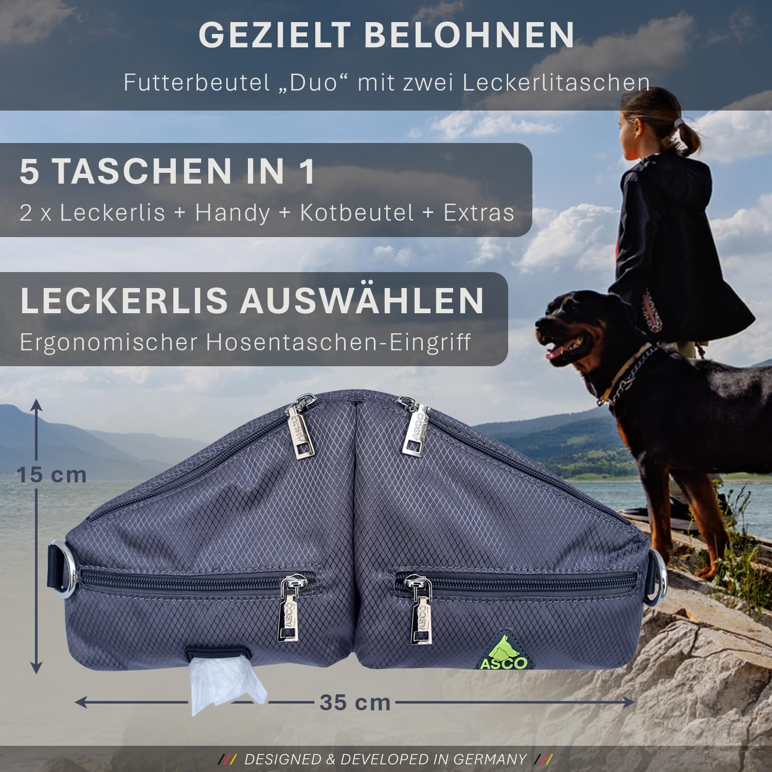 ASCO Bolsa para golosinas Duo para perros con 2 bolsillos para golosinas, bolsa de comida con compartimento para teléfono móvil y dispensador de bolsas de excrementos, bolsillo para comida con acceso