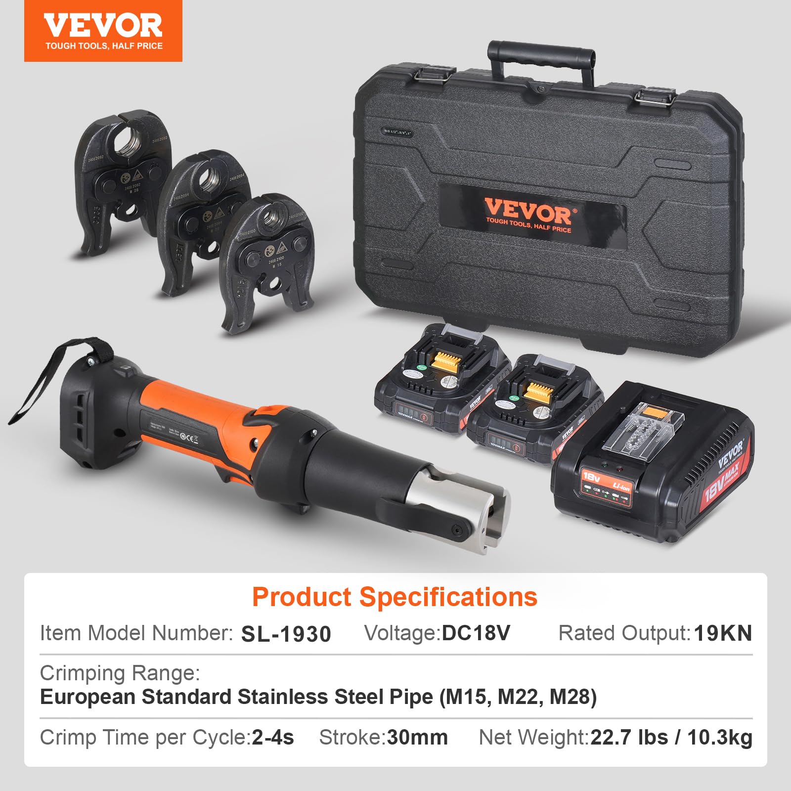 VEVOR Kit di Utensili per Pressatura e Batteria, Utensile Elettrico per Crimpatura di Tubi con Ganasce M15, M22, M28, Pressatura con 2 Batterie 20 V 2,0 Ah, Caricabatterie Rapido e Custodia Trasporto