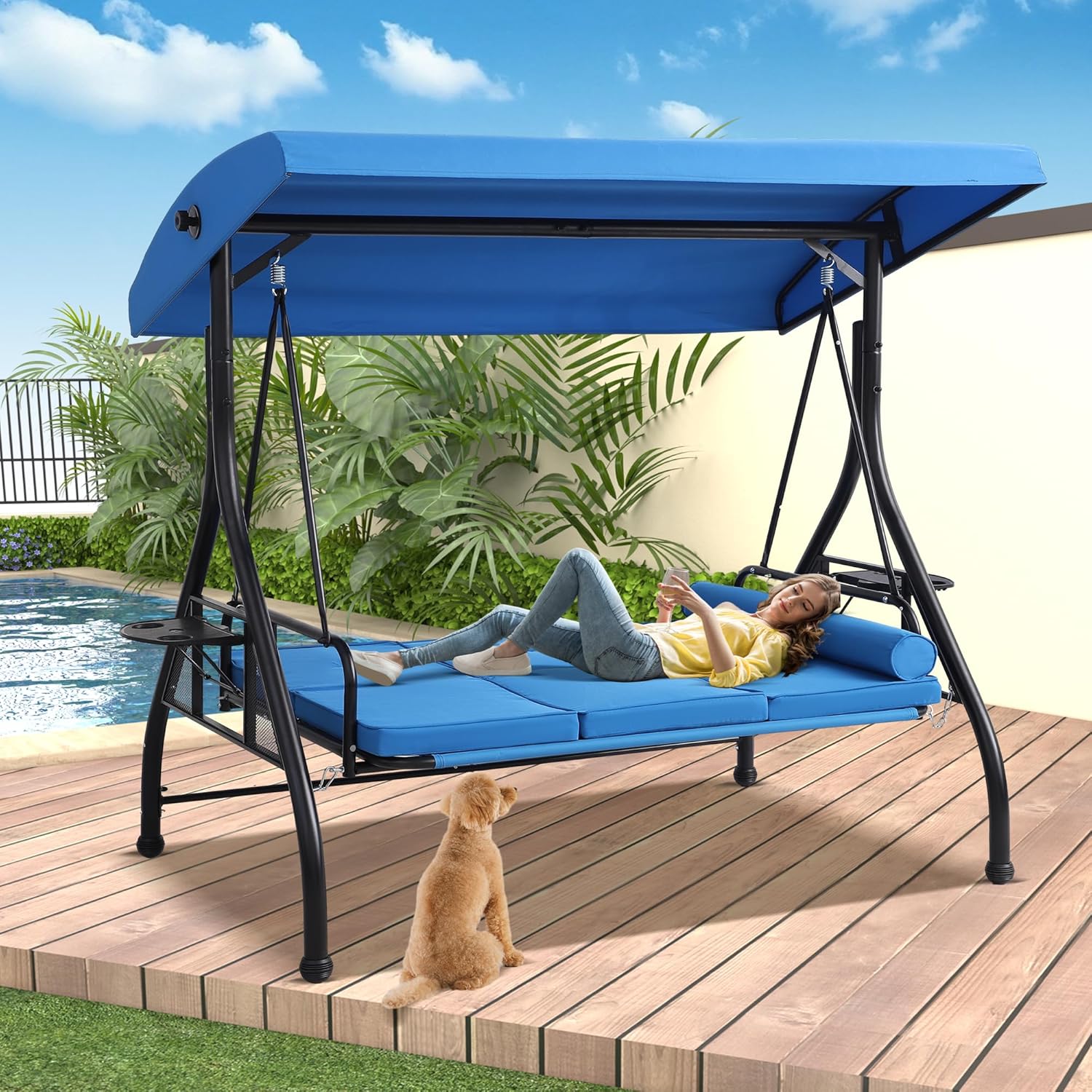 3-Seat Outdoor Porch Swing with Adjustable Canopy, Convertible Swings Bed with Stand, Patio Glider with Cushion, Pillow & Cup Holder, Hammock Chair for Porch, Backyard, Poolside, Balcony (Blue)