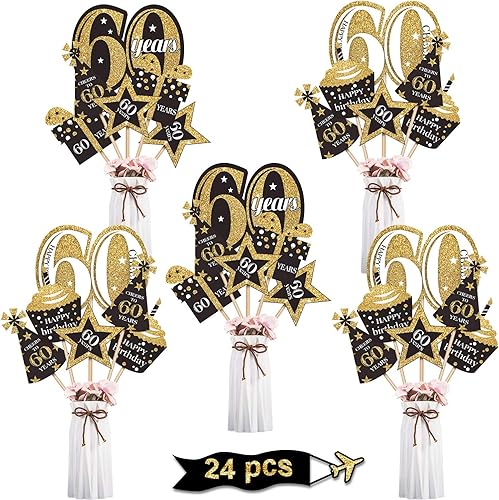 Blulu Juego de decoración de fiesta de cumpleaños, centro de mesa dorado para fiesta de cumpleaños, suministros de fiesta, 24 piezas (60 cumpleaños)
