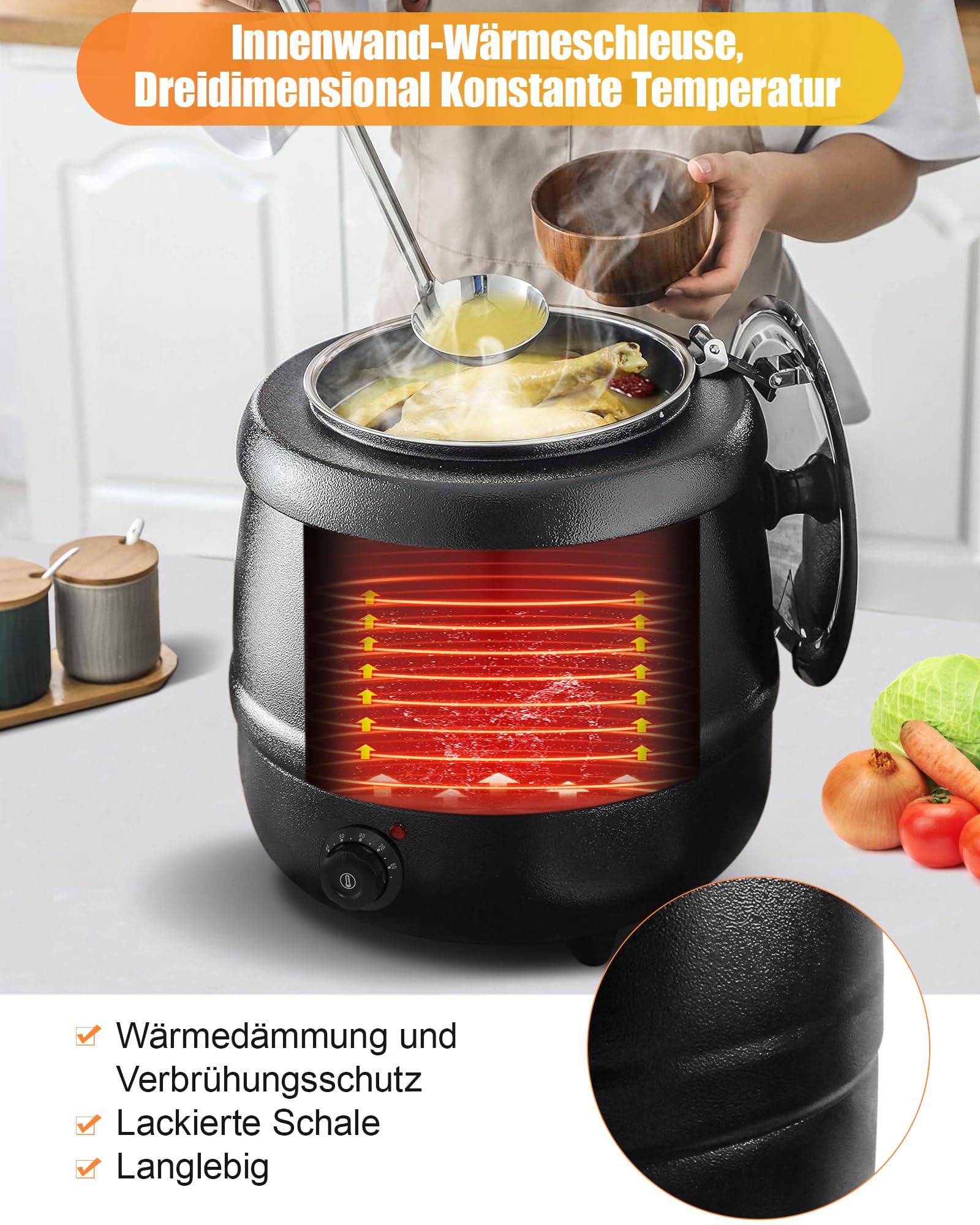 Soup Kettle Elettrico 10L scalda zuppa con coperchio a cerniera e interno rimovibile in acciaio inox fino a 80°C per riunioni domestiche, feste, ristoranti e caffetterie Pentola